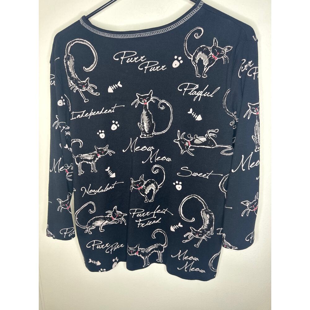 Jess & Jane Black Rhinestone Cat Shirt Graphic Top 3/4 Sleeve Size M Whimsical - Picture 4 of 5